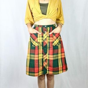 THERMO-JAC |✨VINTAGE 70s!✨ Green Orange Plaid A-Line Buttons Pockets Midi Skirt